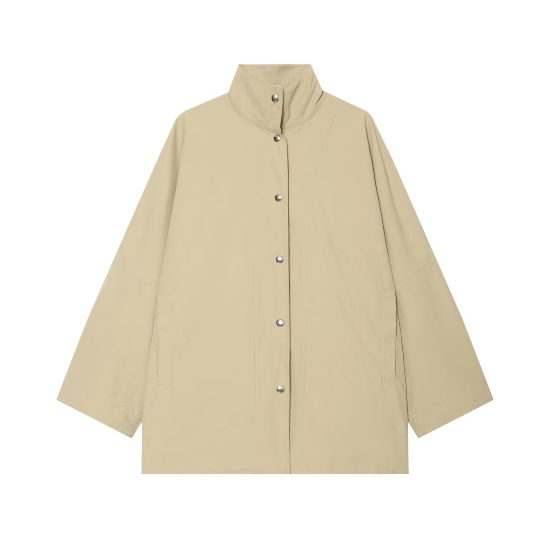 Damen Oversize Regenponcho‑Mantel mit Stehkragen und Druckknopfleiste Drune