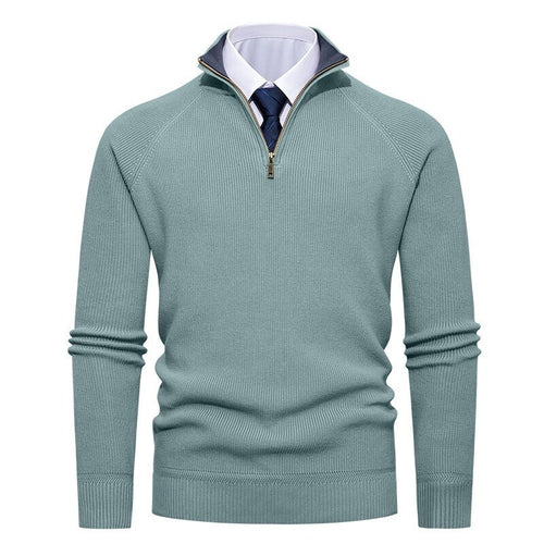 Herren nan feiner Strickpullover mit Halbzip, strukturierter Rippoptik und innen kontrastiertem Stehkragen Drune