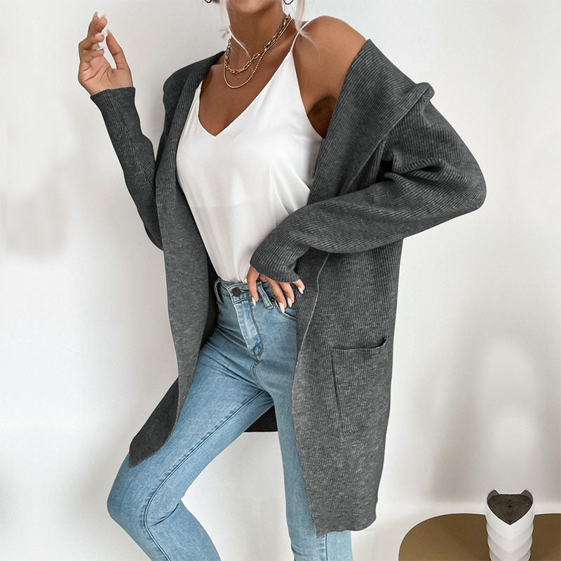 Damen Langärmlige Strickjacke mit Kapuze und seitlichen Taschen Drune