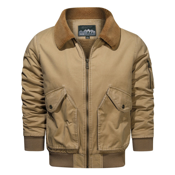 Herren Vintage Canvas Bomberjacke mit Sherpa-Kragen und verstärkten Klappentaschen Drune