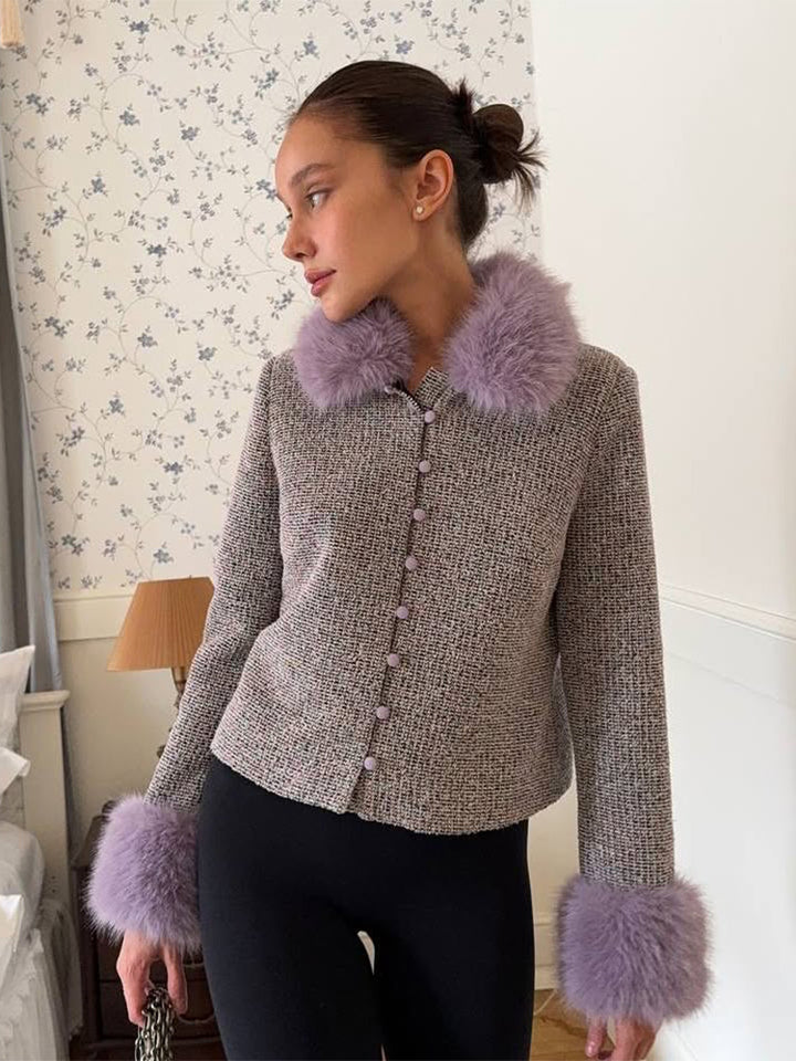 Damen Bouclé‑Jacke mit abnehmbarem Webpelzkragen und Fellmanschetten Drune
