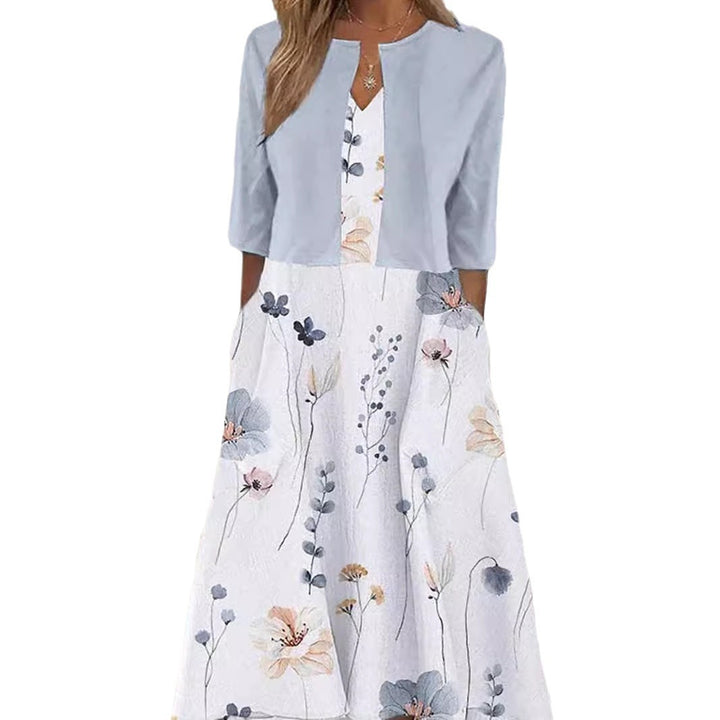 Damen nan Maxikleid mit separatem Bolero, V-Ausschnitt, Eingrifftaschen und floraler A-Linien-Silhouette Drune