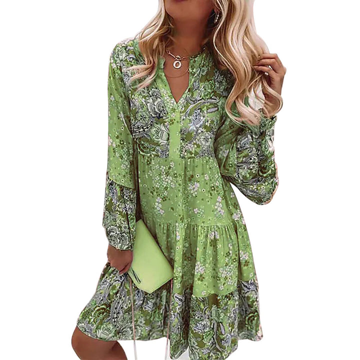 Damen nan florales Boho-Kleid mit V-Ausschnitt und Stufenrock Drune