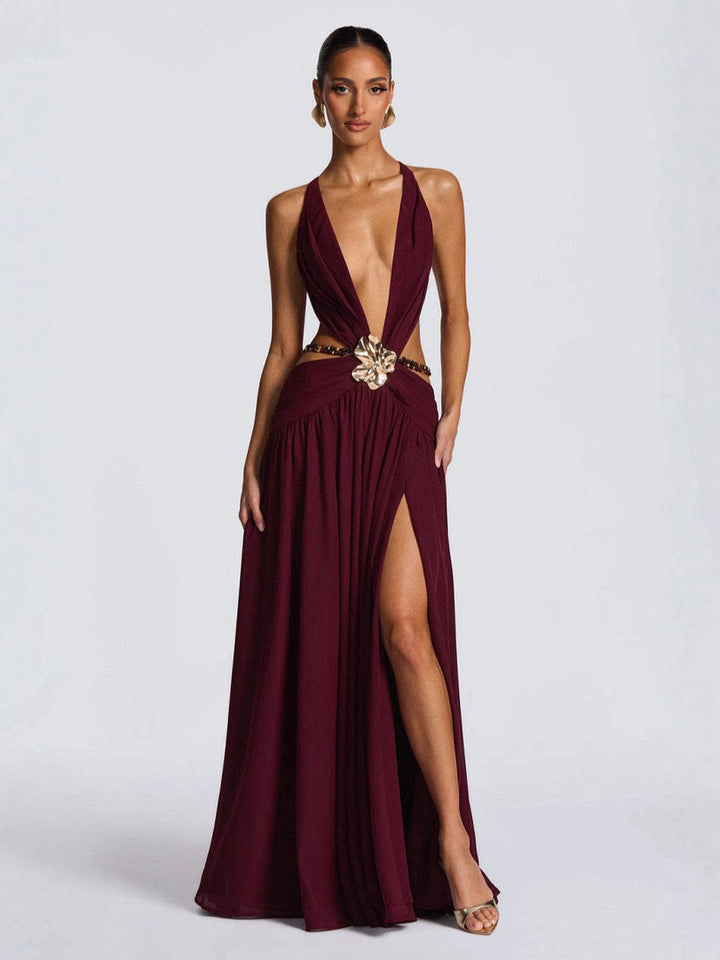 Damen Maxikleid mit tiefem V-Ausschnitt und elegantem Wickeldesign Drune