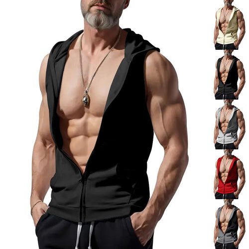 Herren ärmelloses Zip-Hoodie mit tiefem V-Ausschnitt und atmungsaktivem Material Drune