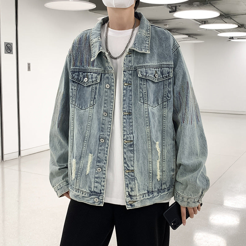 Herren Modische Denimjacke mit kreativen Akzenten Drune