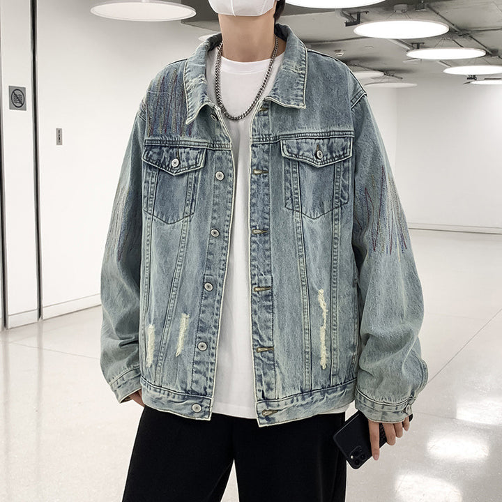 Herren Modische Denimjacke mit kreativen Akzenten Drune