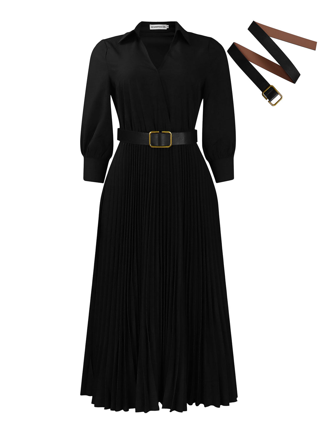 Damen Plissee Maxi-Kleid mit Taillengürtel und eleganter Knopfkragen Drune