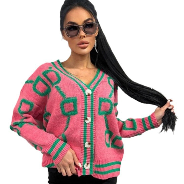Damen kurz geschnittener Strickcardigan mit geometrischem Muster und Knopfdetails Drune