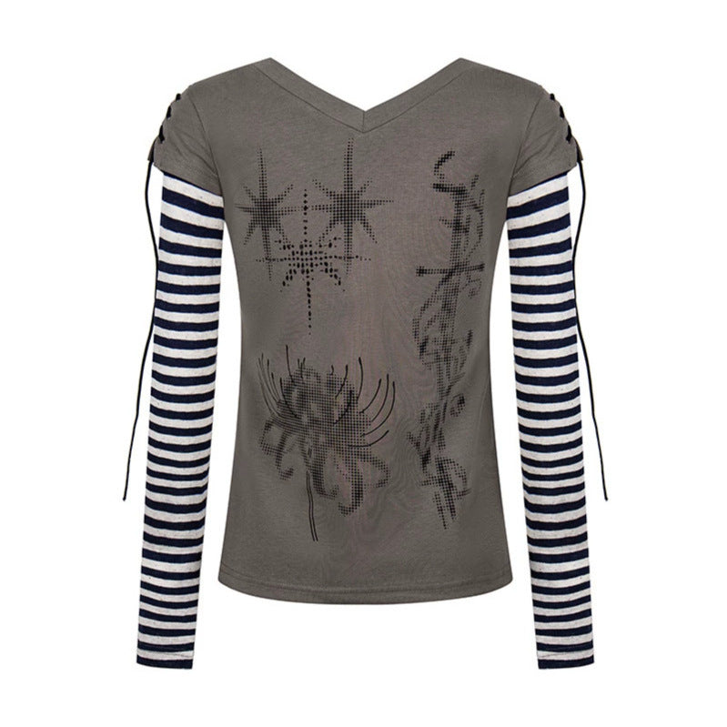 Damen Lagen-Langarmshirt mit V-Ausschnitt, Streifen-Innenlayer und Schnürdetail Drune
