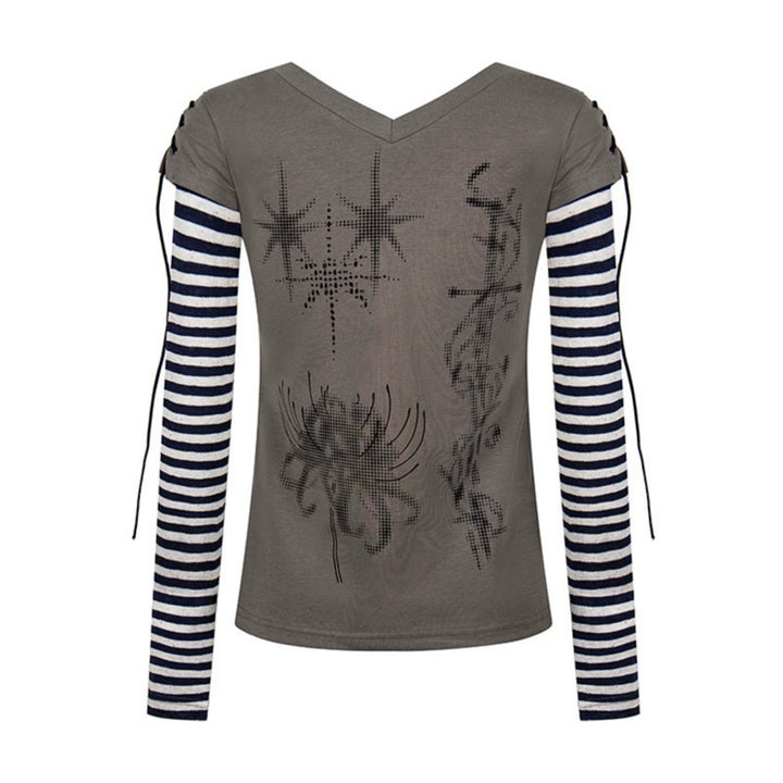 Damen Lagen-Langarmshirt mit V-Ausschnitt, Streifen-Innenlayer und Schnürdetail Drune