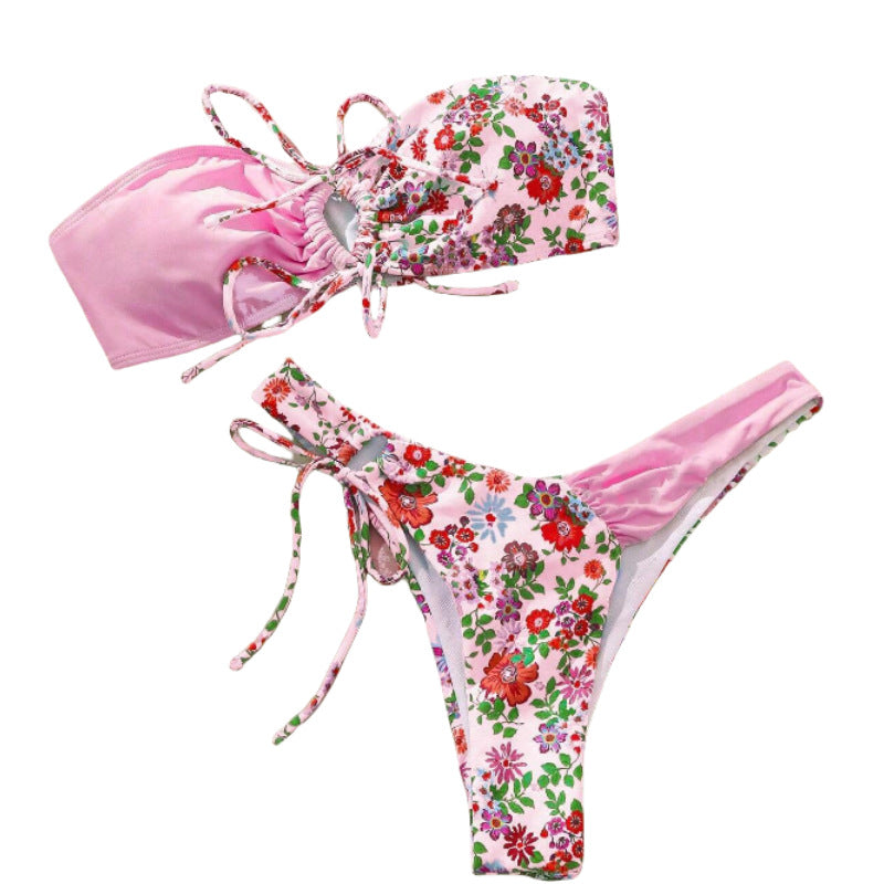 Damen Bandeau-Bikini Set mit floralem Design Drune