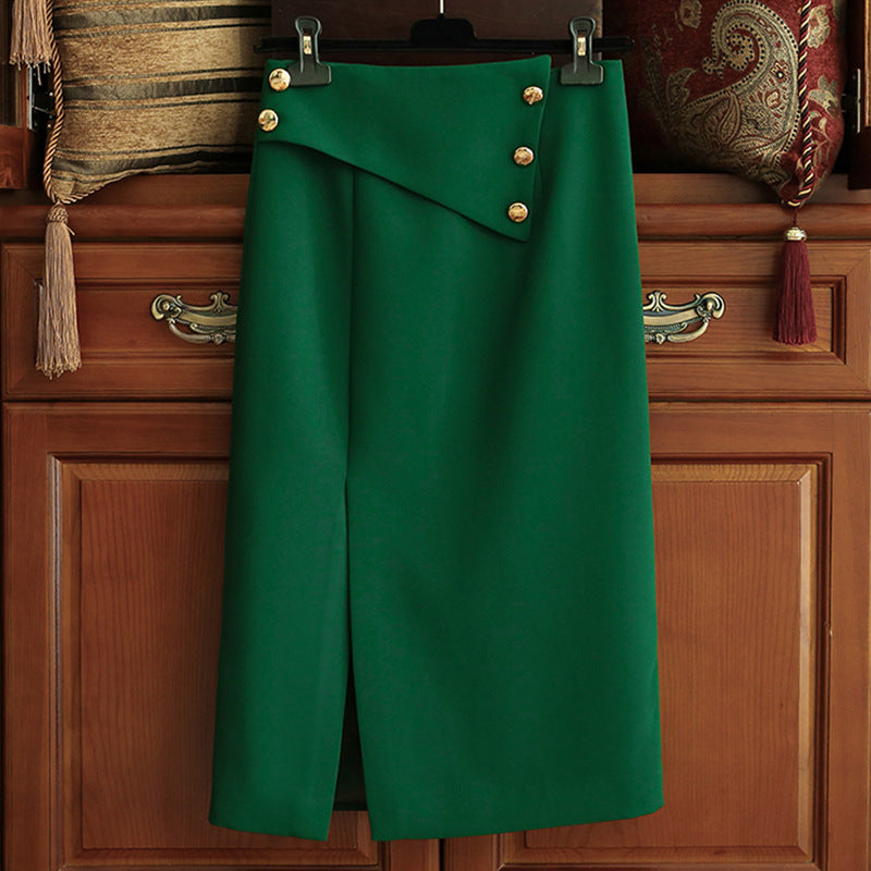 Damen Eleganter Midirock mit asymmetrischem Schnitt und Goldknöpfen Drune