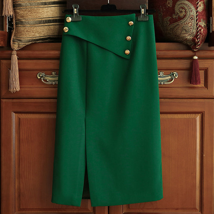 Damen Eleganter Midirock mit asymmetrischem Schnitt und Goldknöpfen Drune