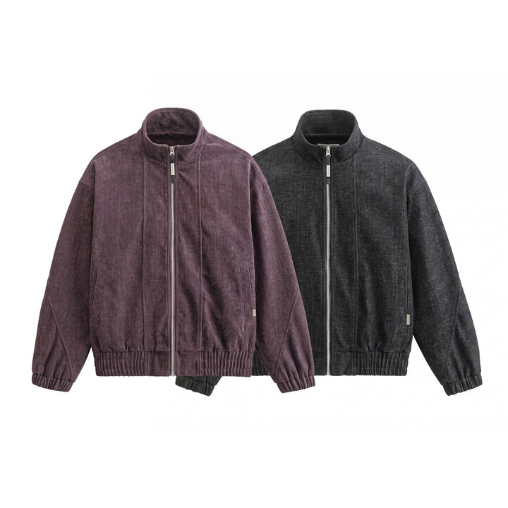 Unisex Boxy‑Bomberjacke aus strukturiertem Denim‑Optik mit hohem Stehkragen Drune
