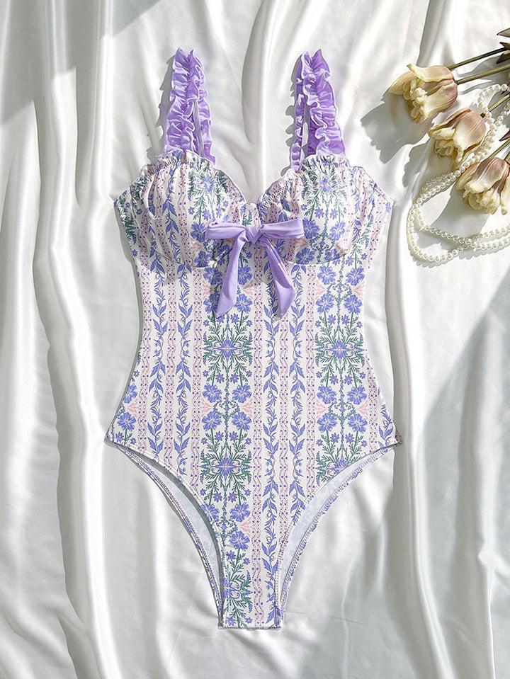 Damen Einteiler Badeanzug mit verspieltem Floral-Muster und Rüschendetails Drune