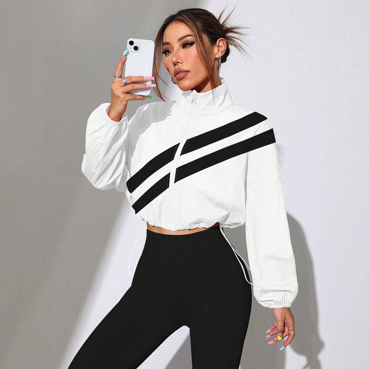 Damen Cropped Windbreaker‑Jacke mit hohem Kragen und Kordelzug Drune