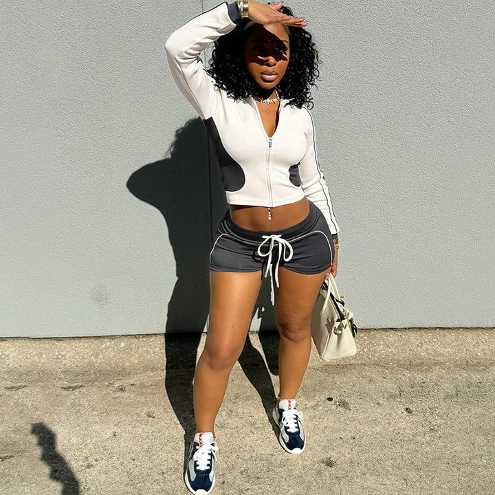 Damen Sportliches Kurzarm-Set mit Reißverschluss und Shorts Drune