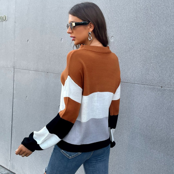 Damen Oversize-Blockstreifen-Strickpullover mit weitem Trompetenärmel Drune