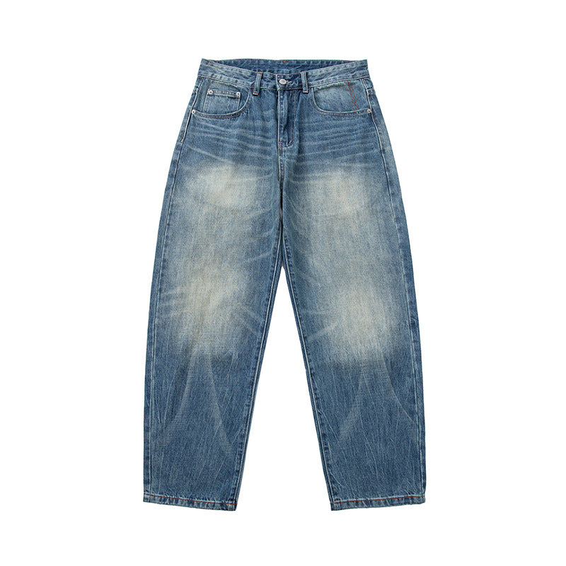 Damen Weite High‑Waist Relaxed Denim-Jeans mit Used‑Look Drune