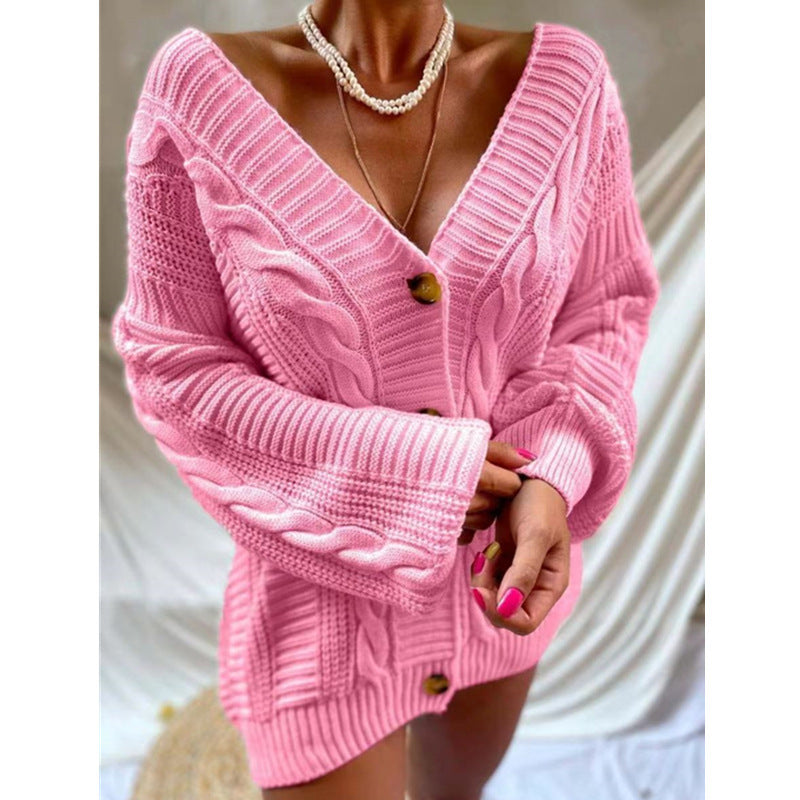 Damen Strickjacke mit tiefem V-Ausschnitt und großen Knöpfen Drune