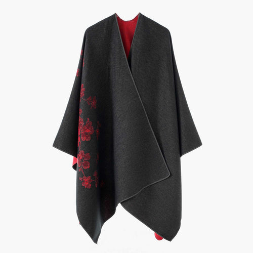 Damen Offener Reversibler Wollmix‑Cape mit floralem Jacquard Drune