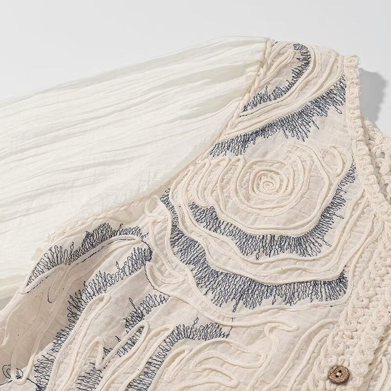 Damen Bestickter Häkelstrick-Cardigan mit transparenten Plissee-Ärmeln Drune