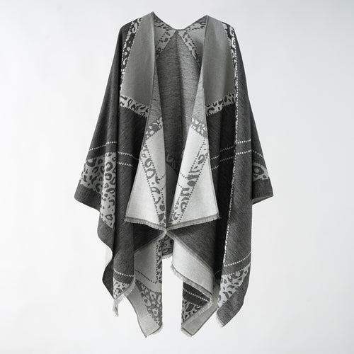 Damen Wendbarer Doubleface-Stola-Poncho aus Wollmix mit feinem Fransenrand Drune