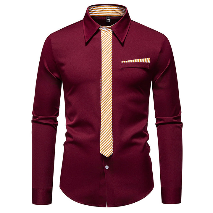 Herren Slim-Fit Businesshemd mit integrierter Krawatten-Optik und Brusttasche Drune