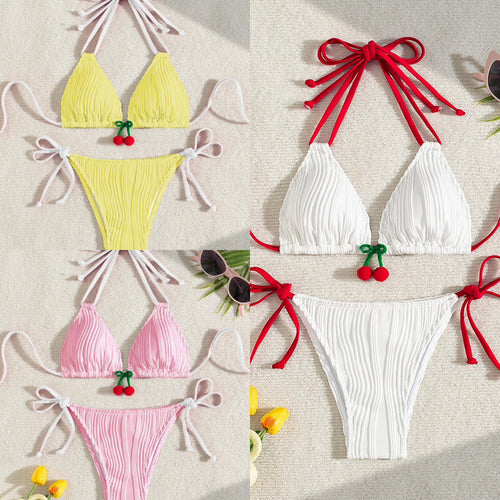 Damen Ripp-Design Triangel-Bikini mit verspieltem Kirschen-Detail Drune