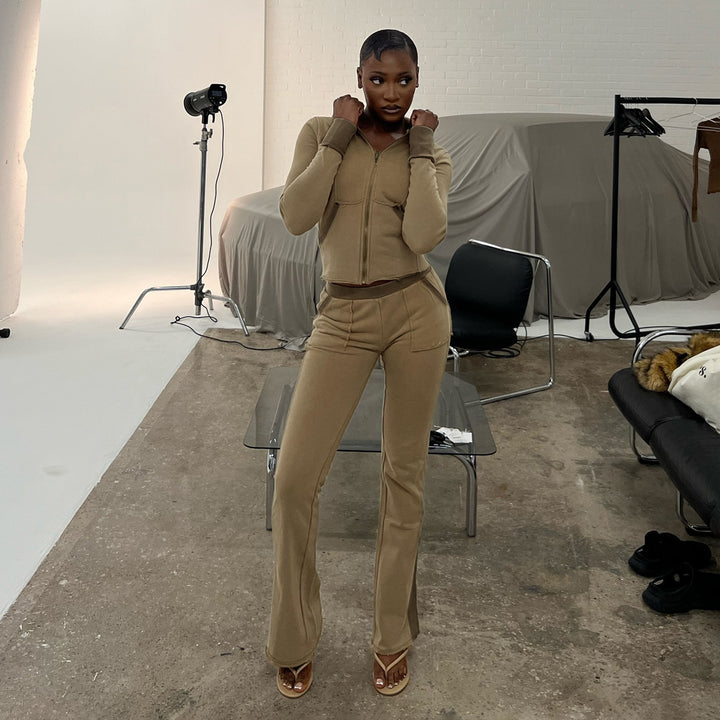 Damen nan Stretch-Flared-Hose mit hoher Taille, aufgesetzten Taschen und seitlichen Einsatzbahnen Drune