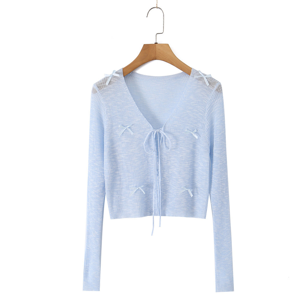 Damen Cropped-Feinstrick-Cardigan mit V-Ausschnitt, Bindeband und Zierschleifen Drune