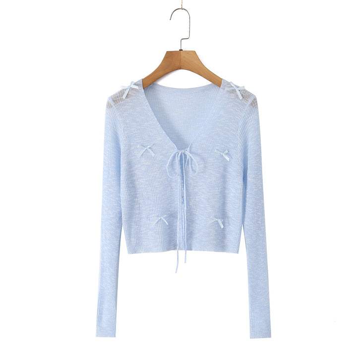 Damen Cropped-Feinstrick-Cardigan mit V-Ausschnitt, Bindeband und Zierschleifen Drune