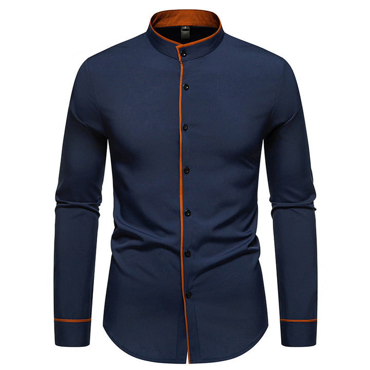 Herren Langarmhemd mit modernem Stehkragen und gesticktem Detail Drune