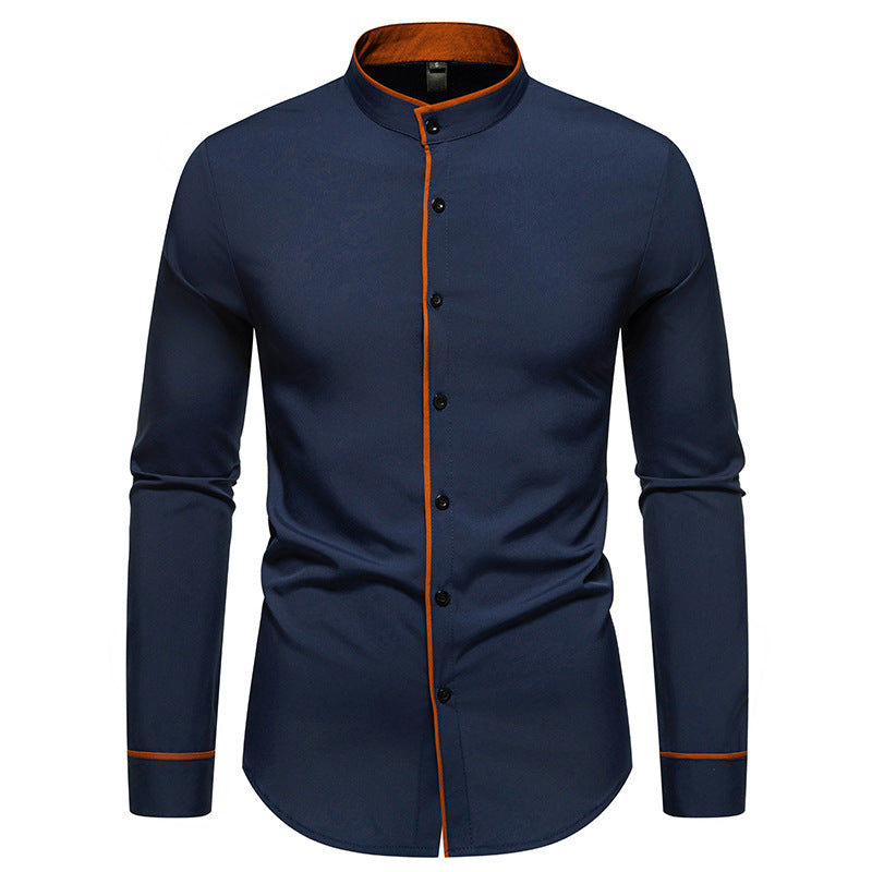 Herren Langarmhemd mit modernem Stehkragen und gesticktem Detail Drune
