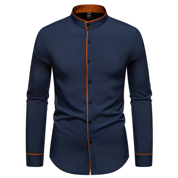 Herren Langarmhemd mit modernem Stehkragen und gesticktem Detail Drune