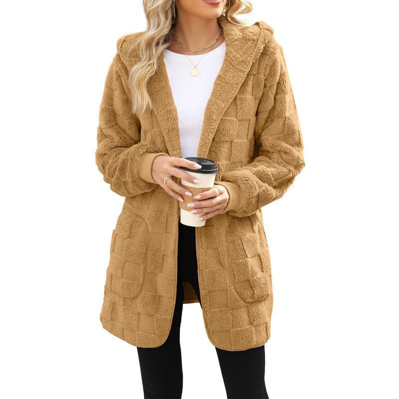 Damen nan kuschelige Kapuzen-Longjacke aus Teddyfleece mit aufgesetzten Taschen und strukturierter Karooptik Drune