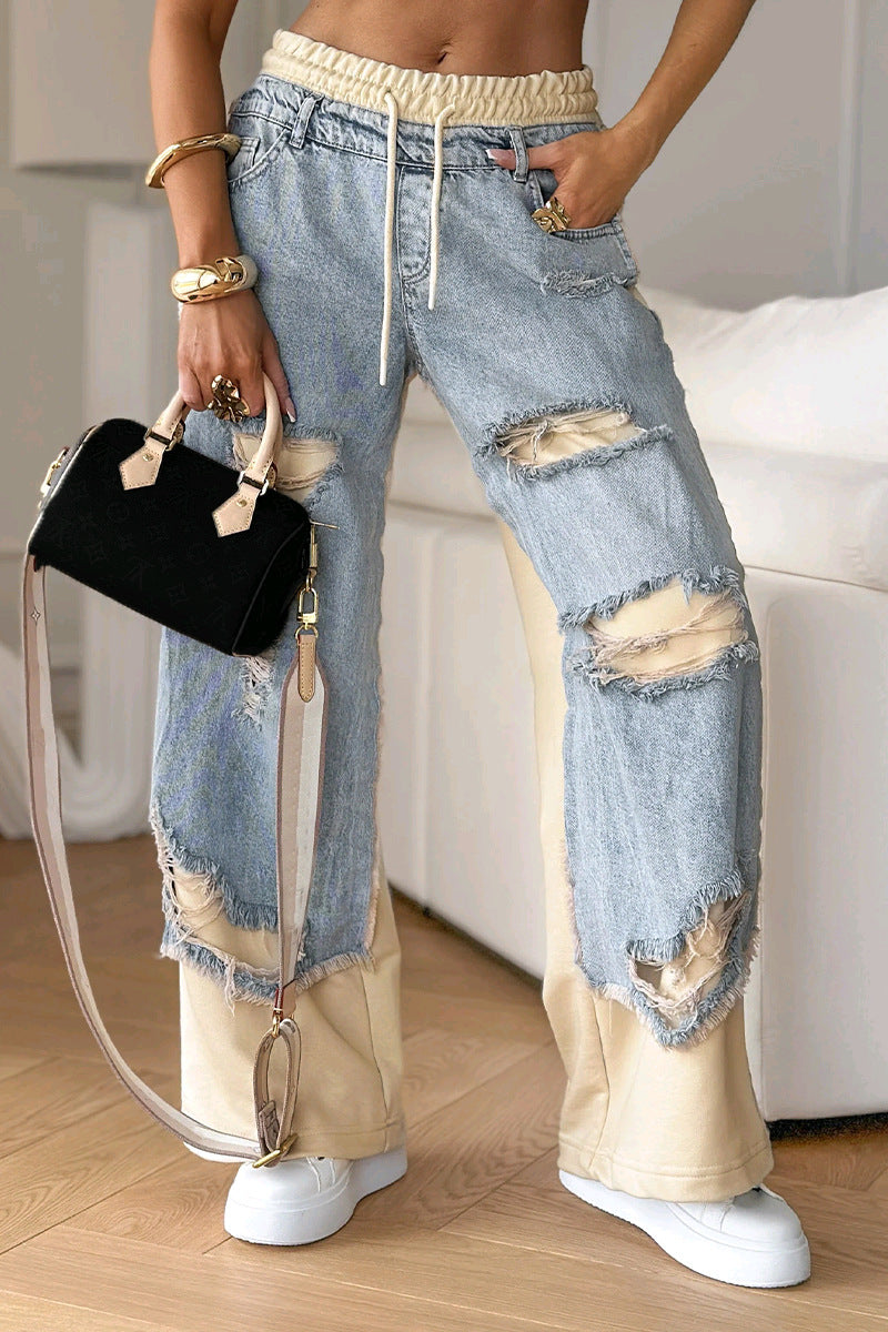 Damen nan zweilagige Jeans mit aufgesetzten Jeanspaneelen elastischem Tunnelzugbund weitem Bein und vintageähnlichen Rissen Drune