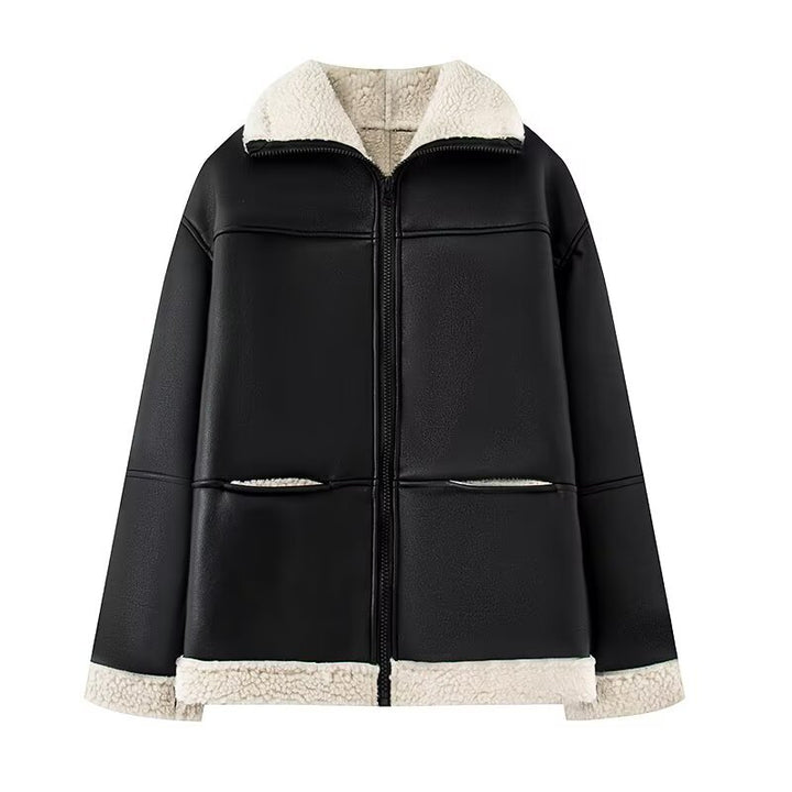 Damen Kunstlederjacke mit warmem Teddyfutter Drune
