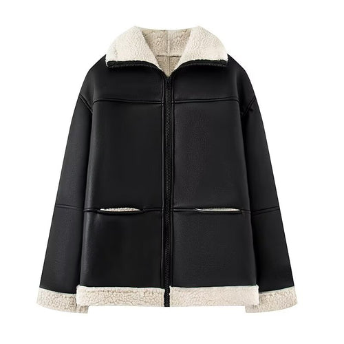 Damen Kunstlederjacke mit warmem Teddyfutter Drune