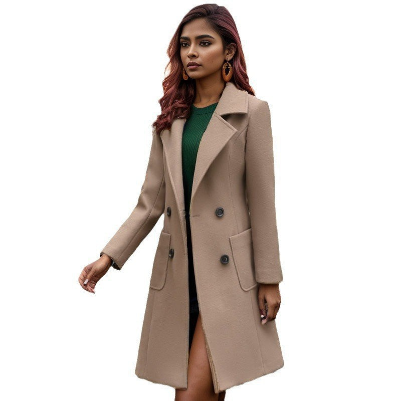 Damen moderner Wollmantel mit doppelter Knopfreihe Drune