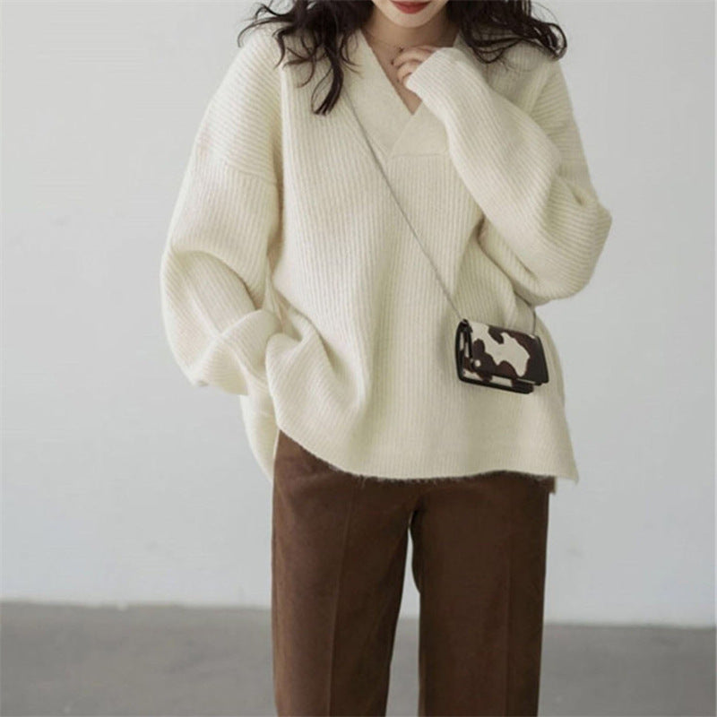 Damen kuscheliger V-Ausschnitt Pullover im oversize Schnitt Drune