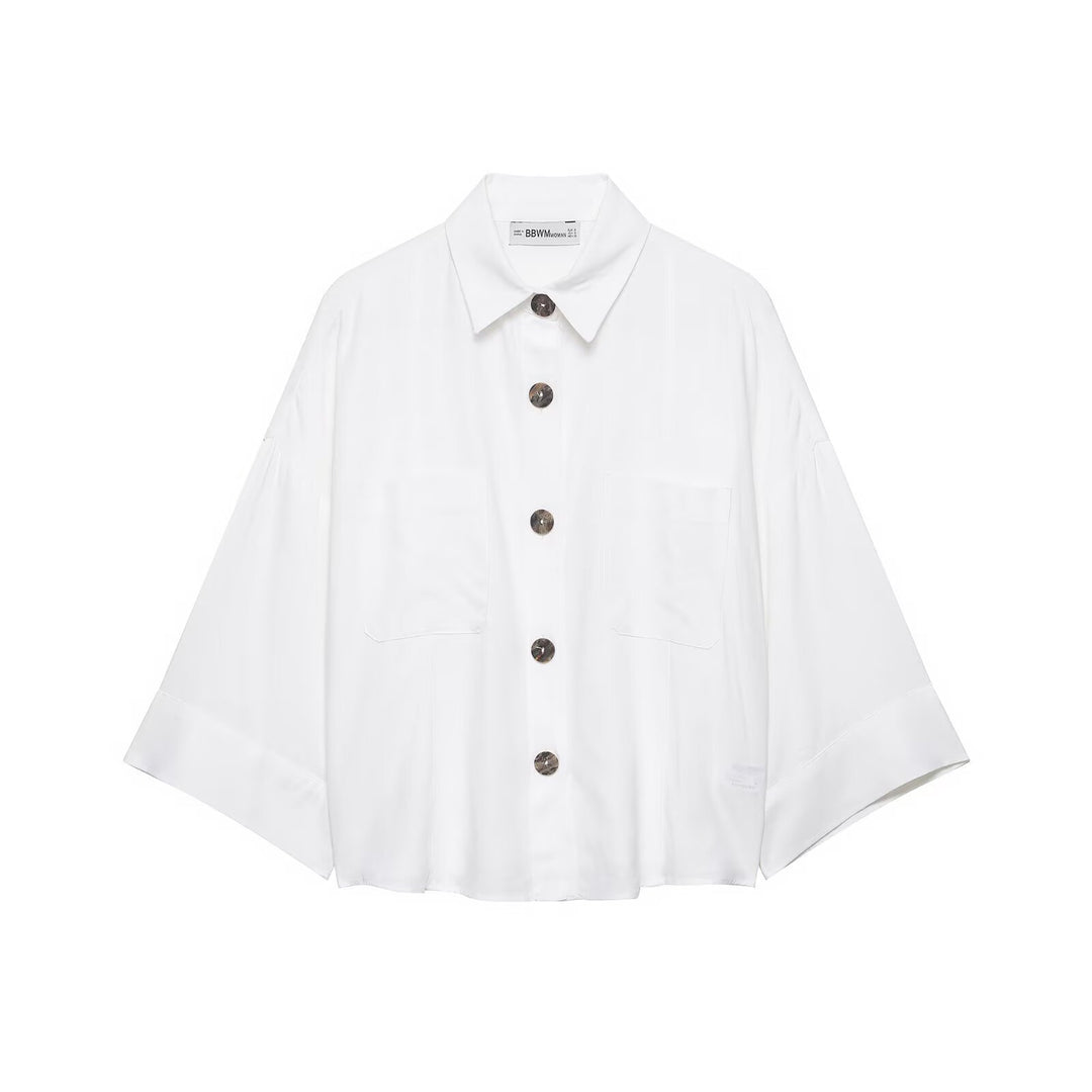 Damen Oversized Hemdjacke mit weiten Kimonoärmeln und großen Hornknöpfen Drune
