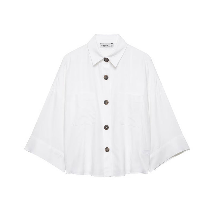 Damen Oversized Hemdjacke mit weiten Kimonoärmeln und großen Hornknöpfen Drune