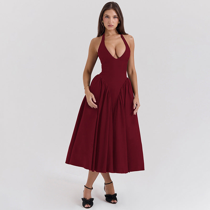 Damen nan figurschmeichelndes Neckholder-Bustier-Midikleid mit taillierter Miederform und weitem Tellerrock Drune