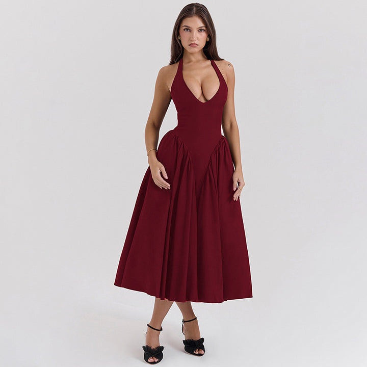 Damen nan figurschmeichelndes Neckholder-Bustier-Midikleid mit taillierter Miederform und weitem Tellerrock Drune