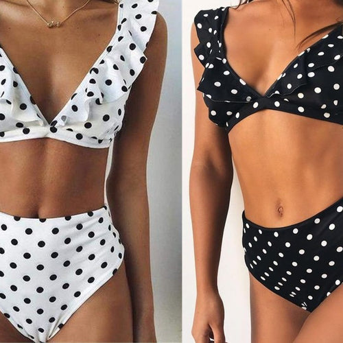 Damen Hoch tailliertes Bikini-Set mit verspielten Rüschen und Pünktchen Drune