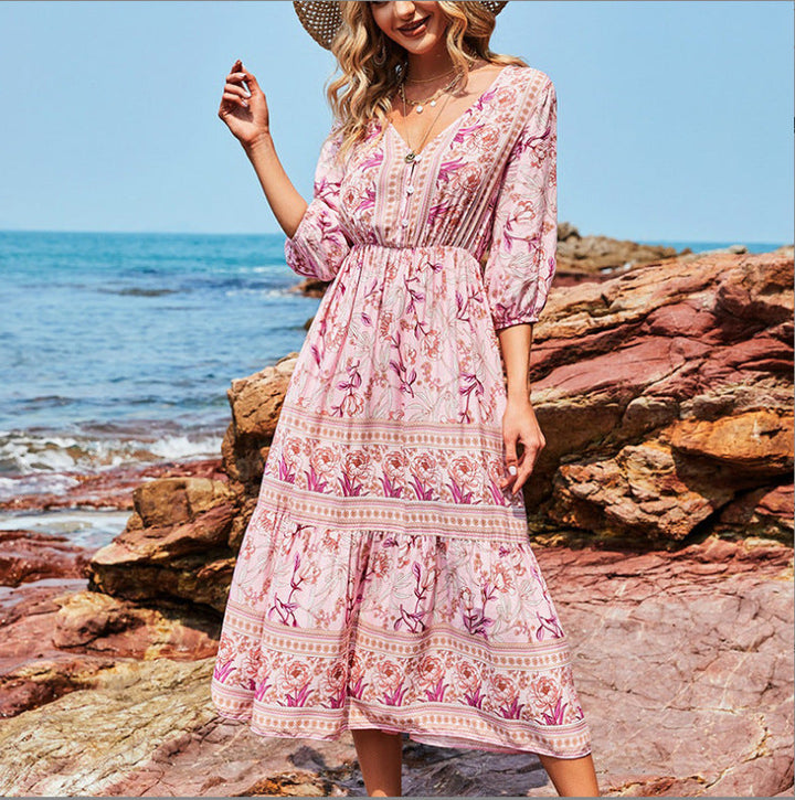 Drune | Damen Midikleid mit V-Ausschnitt und Blumenmuster