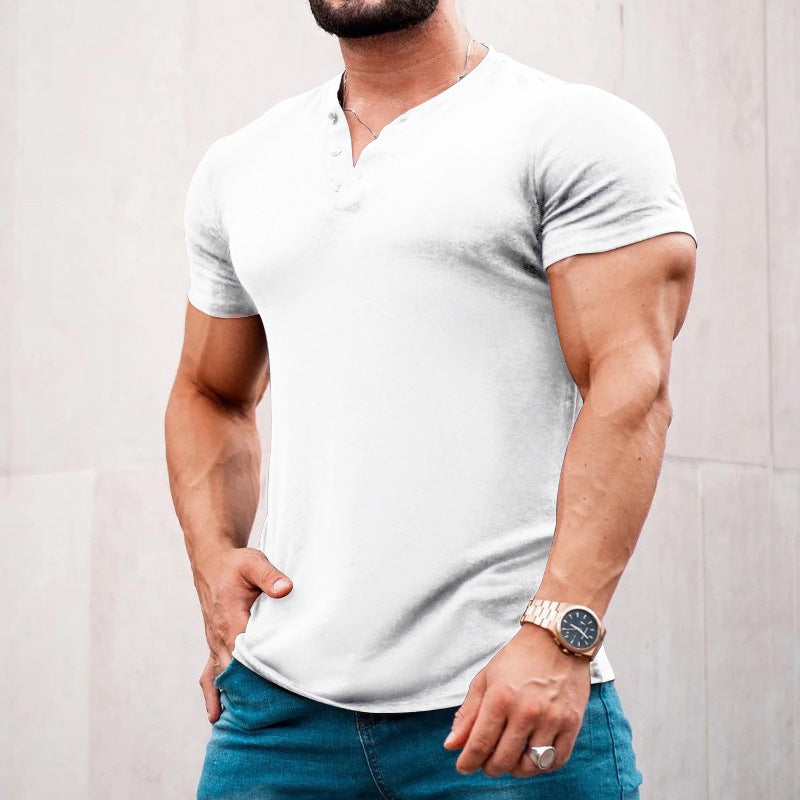 Herren nan muskelbetontes Kurzarmshirt mit Knopfleiste und V-Ausschnitt aus Baumwollstretch Drune