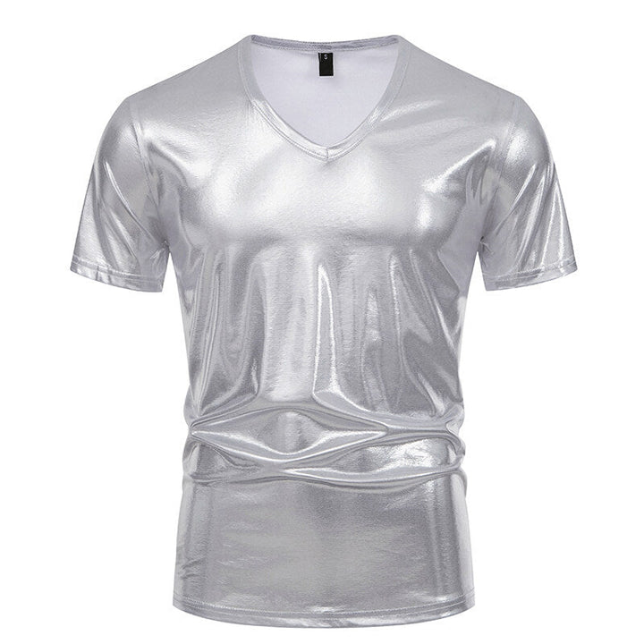 Herren V-Ausschnitt T-Shirt aus glänzendem Material mit persönlichem Stil Drune